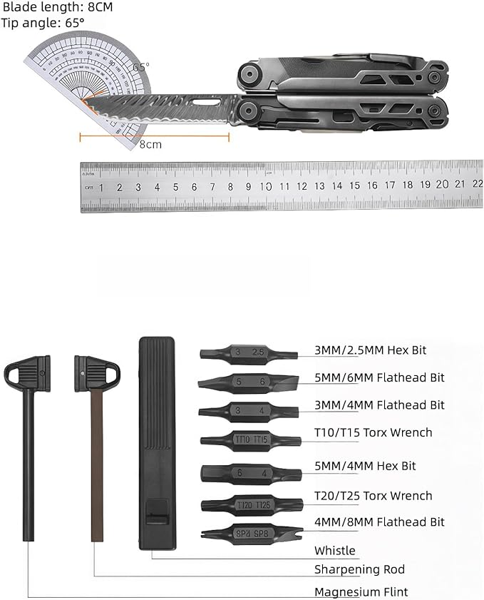 Multitool 24-in-1 Full-Size Lightweight EDC Multi-Purpose Pliers Damascus Steel Main Blade Outdoor Gear Camping Knives &amp Tools Gifts for Guys Gifts for Hunters Men who have Everything (Bla