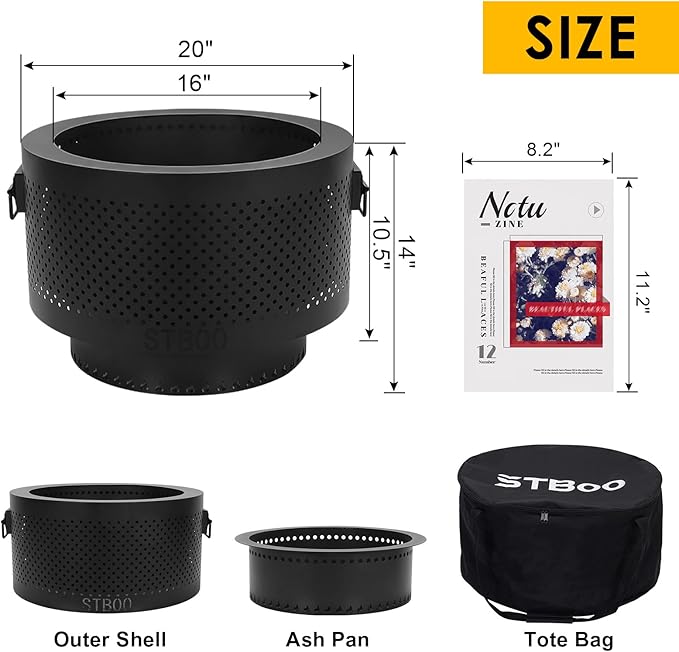STBoo Smokeless Fire Pits for Outside with Portable Carrying Storage Bag 20x14 Inch Firepits Outdoor Wood Burning Low Smoke Outdoor Fireplace for Bonfire Picnic Backyard Cooking on Beach Black L