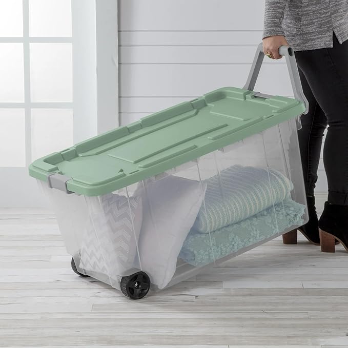 Storage Bin 40 Gallon 160 Qt Wheeled Industrial Tote Plastic Rolling Stacker Storage Box Tough Lidded Stackable Storage Container for Home Garage and Camping Clear Base &amp Green Sage Lid 2-pack