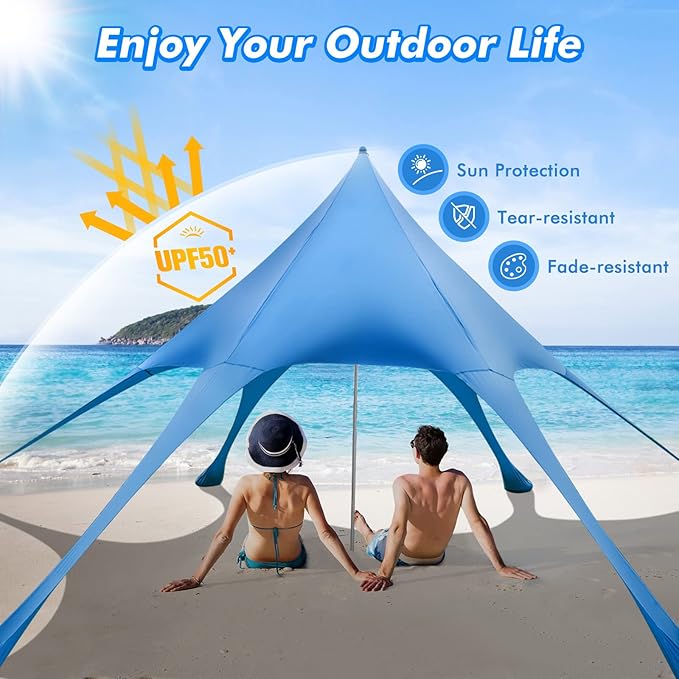 HAPPYGRILL Beach Canopy Sun Shelter with Aluminum Pole 20 FT x 20 FT UPF 50+ Pop Up Tent with Sandbags Tent Pegs Sand Shovel Carry Bag Portable Outdoor Sunshade for Camping Sport Events Picnic