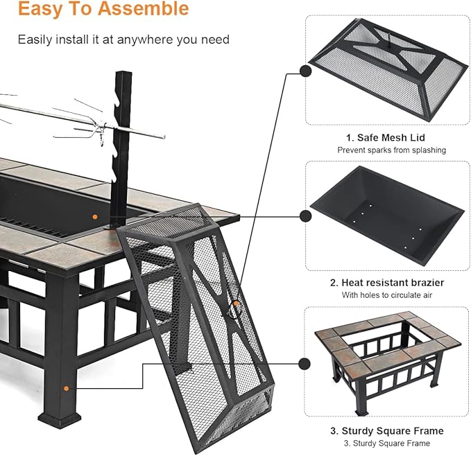 SINGLYFIRE 37 Inch Fire Pit Table with Grill for Outside Large Square Wood Burning firepit Heavy Duty Steel Bonfire Pit Cooking with Spark Screen Log Grate Poker for Backyard Garden Camping