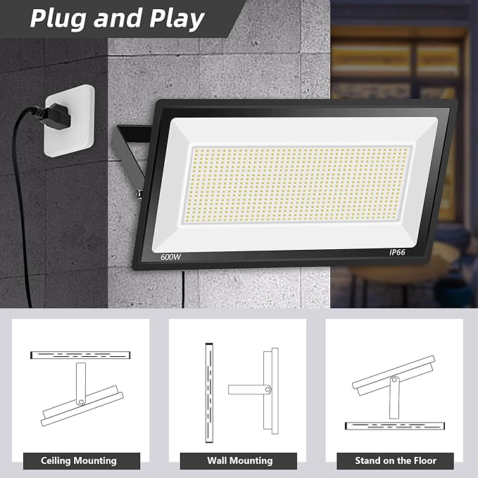 600W LED Flood Light 2PackSuper Bright Daylight 5000K IP66 Waterproof Security Outdoor LED Arena LightsCommercial Lighting Floodlight for FieldsCountsStadium