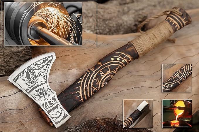 19” Hand Forged Viking Axe- Ash Wood Shaft Engraved Carbon Steel Bearded Axe for Camping- Viking Gift for Men(Norse Viking Axe) Blaack ISU564ZA