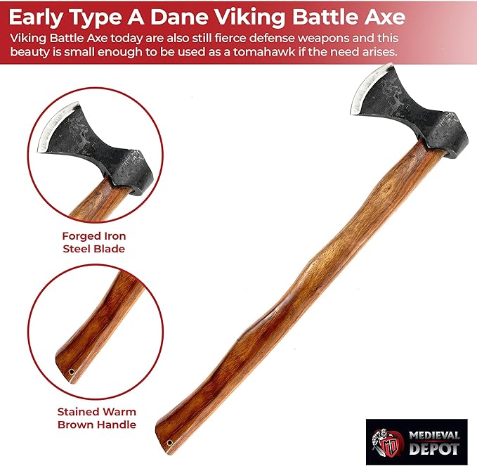 MedievalDepot Early Type A Dane Viking Battle Axe – Overall 20” - Forged Iron Steel Blade Wooden Contoured Handle with Lanyard Hole Rustic Finish for Costume and Outdoor Use