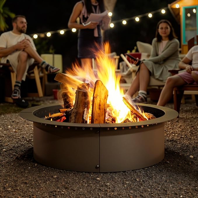 IDZO Fire Pit Ring 42 inch Outer 36 inch Inner Diameter with Air Venting Holes 10 inch Height Steel Fire Pit Insert for Smokeless DIY Campfire Outdoor In-Ground or Above Ground Use