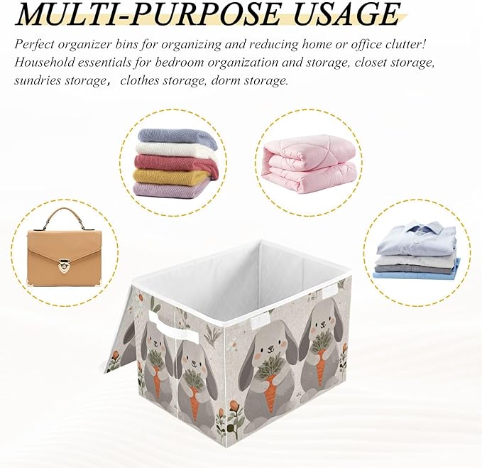 Collapsible Storage Bins with Lids Decorative Fabric Storage Cubes Closet Organizer and Storage Basket Boxes Containers for Clothes Box Chest Folding Rectangle Cute Grey Bunny Carrot