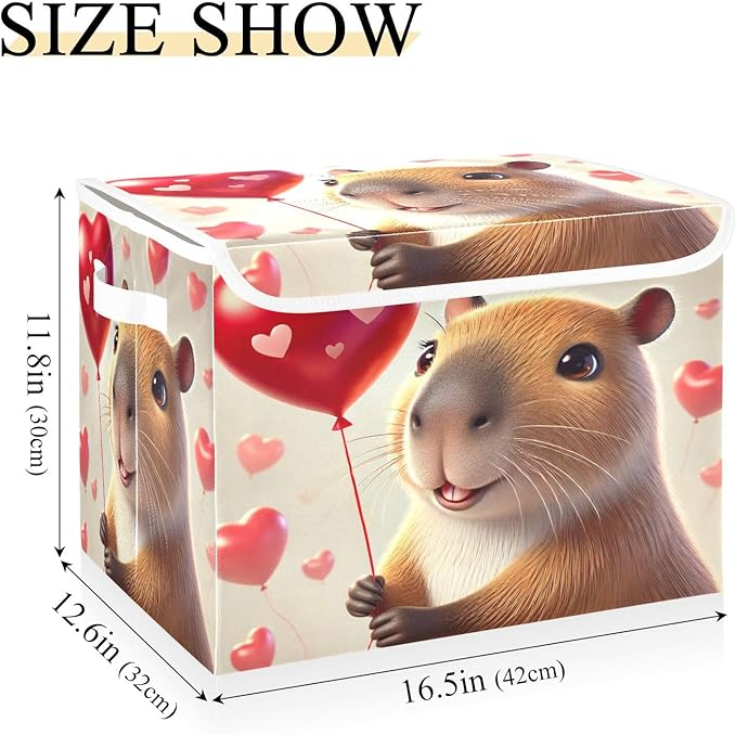 Capybara Valentines Balloon Heart Storage Bin Box with Lids Closet Storage Cube Large Foldable Organizer Container Fabric with Handles for Bedroom Clothes