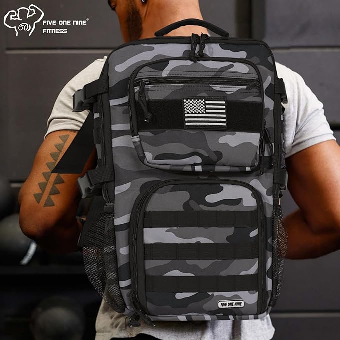 519 Fitness [Tactical All-Around] Modular Meal Prep Backpack - Grey Camouflage - Fits 17 Laptop - Removable Meal Part Hydration Bladder 3 Containers 2 Ice Packs &amp US Flag Patch