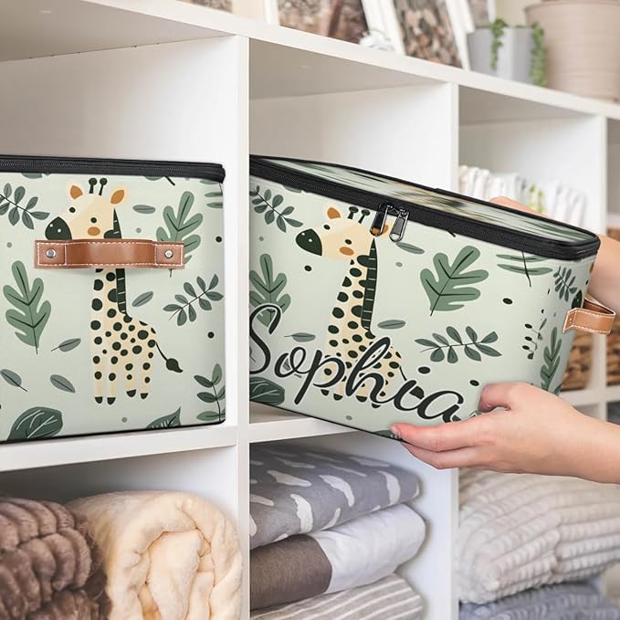 Custom Storage Basket with Name Personalized Storage Bins with Zipper Lid Foldable Fabric Storage Box Large capacity with Handle Giraffe Leaf