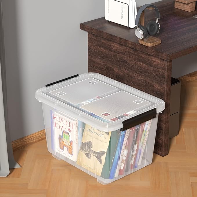 50 L 4 Packs Plastic Storage Box with Latching Lid and Wheels Clear Storage Container Bins