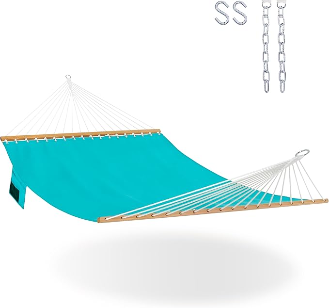 Lazy Daze Hammocks 11 FT Double Outside Hammock Quick Dry Olefin Fabric Hammock with Spreader Bar &amp Side Pocket for Outdoor Poolside Backyard 450 lbs Capacity Turquoise