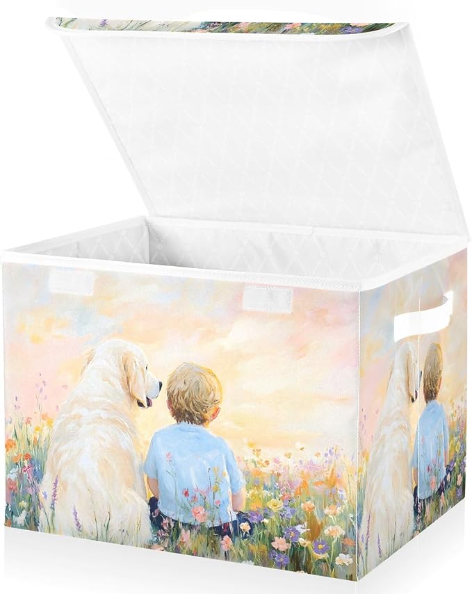 AIXIWAWA Lidded Storage Cube (Dog and Friend) Fabric Foldable Closet Bins with Flip Lid and Handles Organizer Basket Container 16.5 x 12.6 x 11.8 IN