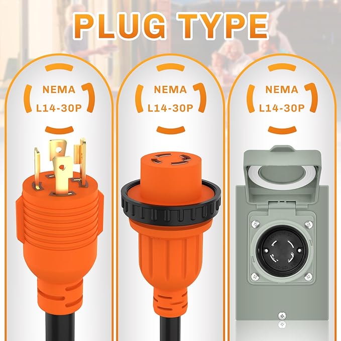 WELLUCK 30 Amp Emergency Power Combo Kit with L14-30P Inlet Box and 15 FT Power Cord 30A Generator Power Inlet Box NEMA L14-30P to L14-30R RV Power Extension Cord with Grip Handle ETL Listed