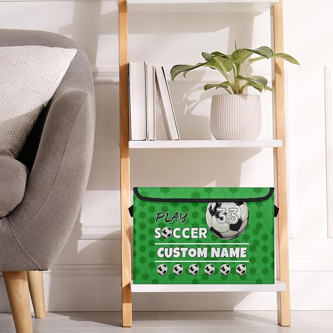 Soccer Custom Storage Bins with Lid Foldable Fabric Personalized Storage Basket Box with Handle Storage Organizer Container for Home Bedroom Closet