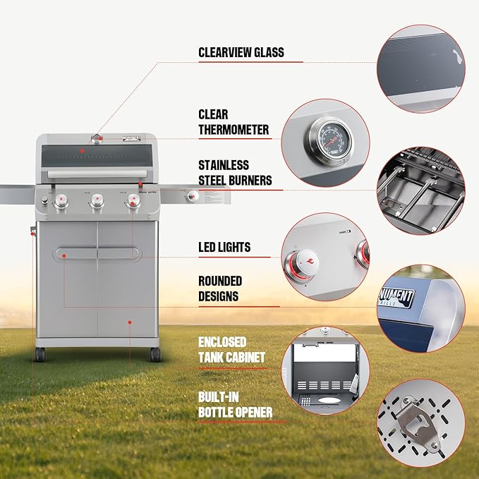 Monument Grills 3+1 Outdoor Barbecue Stainless Steel Propane Gas Grill 3 Burners &amp 1 Side Burner 48000 BTU Patio Garden Grill with Knob Controls Mesa305