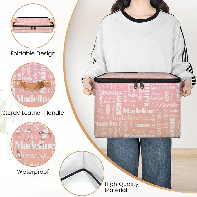 Custom Storage Basket with Name Personalized Keepsake Box with Zipper Lid Foldable Fabric Memory Bin Large capacity with Handle Pink Orange