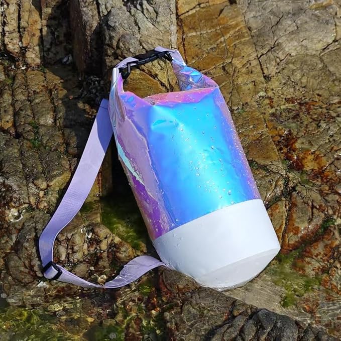 10L PVC Holographic Waterproof Dry Bag Double Shoulder Strap Beach Swimming Backpack Crossbody Waterproof Bucket Bag for Kayaking Boating and Outdoor Sports (10L)