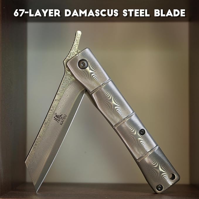 KATSU Handmade Full Damascus Pocket Knife3 Damascus Blade Bamboo Style Men Women Folding Knife with Clip Linner Lock Japanese Razor Work Knife with Leather Sheath Camping Hiking