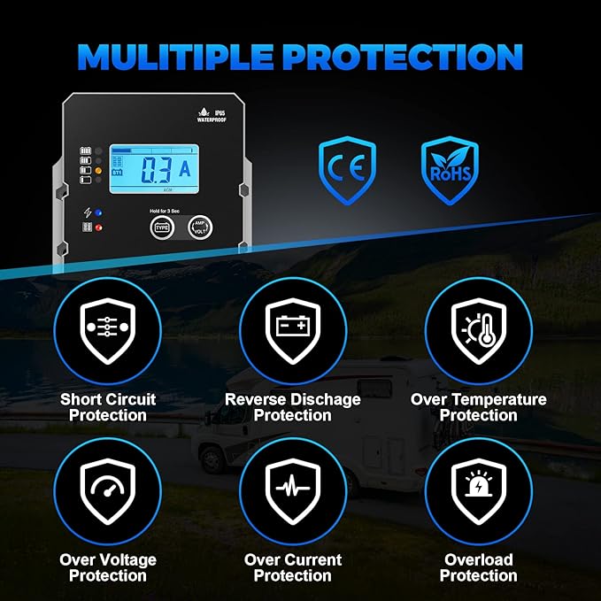 LNEX Solar Charge Controller Waterproof 10A Super Thin Panel Battery Intelligent Regulator With LCD Display 12V/24V PWM Controller for LiFePO4 AGM Gel Flooded and Lithium Battery