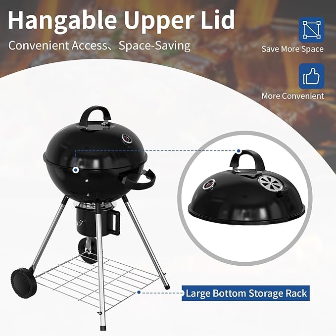 18.5-Inch Portable Charcoal Grill Heavy Duty Kettle BBQ Smoker with Built-in Thermometer &amp Removable Water-Rinsable Ash Catcher for Outdoor Camping Patio Backyard and Tailgating