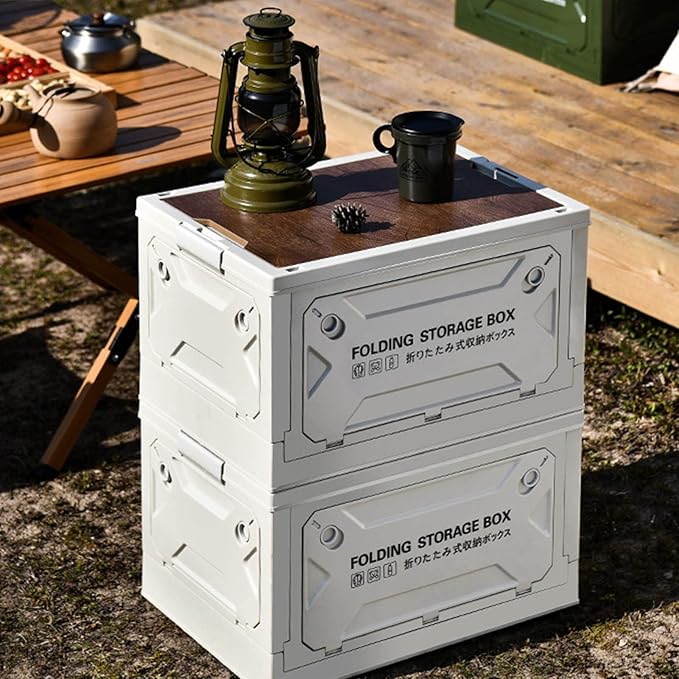 Folding Camping Storage Box with Wooden Lid Storage Bin Container with Wheels for Car Camping Picnic