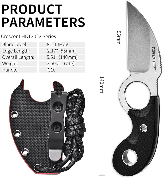 TONIFE Small Fixed Blade Knife Full Tang EDC Camping with Sheath Lanyard and Clip Blade Length 2.172.5 oz.with Sheath (Black - Stonewash)