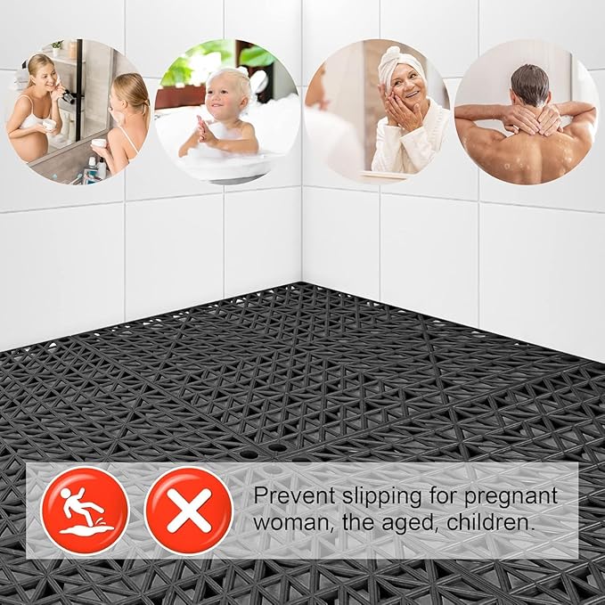 MYFAMIREA Modular Interlocking Cushion 24 Pack 11.8 x 11.8 Rubber Floor Tiles Non-Slip Splicing Drainage Mats for Deck Pool Outdoor Shower Patio Balcony Indoor Bathroom Kitchen Yard (Black)
