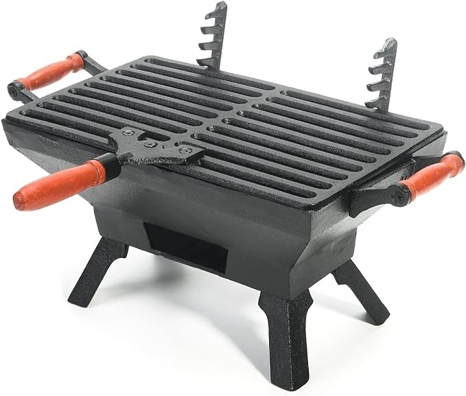 Sungmor Compact Cast Iron Charcoal Grill - Tabletop BBQ Grill with Adjustable Grate &amp Wooden Handles 12” x 7” Ideal for 1-3 People - Portable Heavy-Duty Grill for Camping Balcony &amp Small Spa