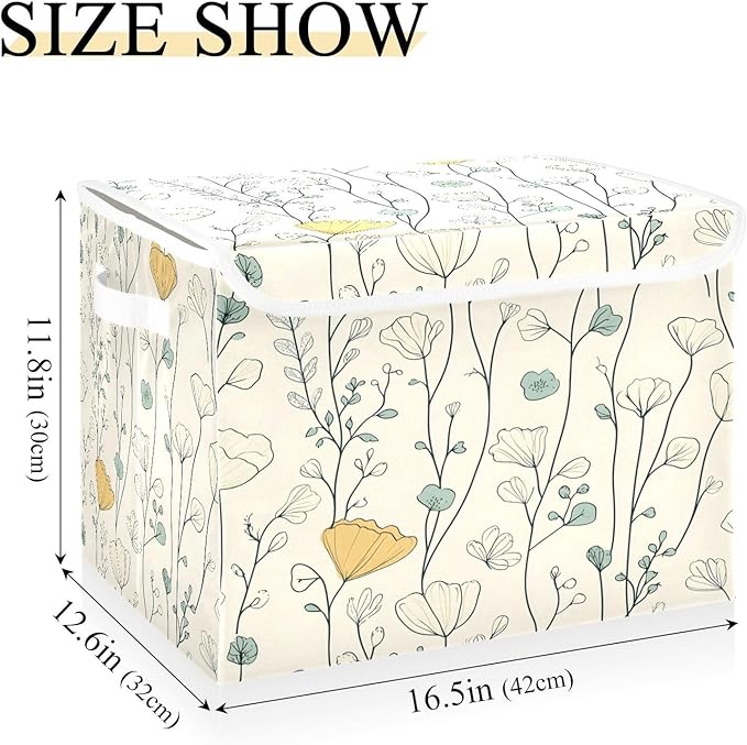 Line Art Flowers Fabric Storage Bins with Lids and HandleFoldable Storage Bins with LidsCloset Organizers for Clothes Storage Room Organization Office Storage Chest Organizer