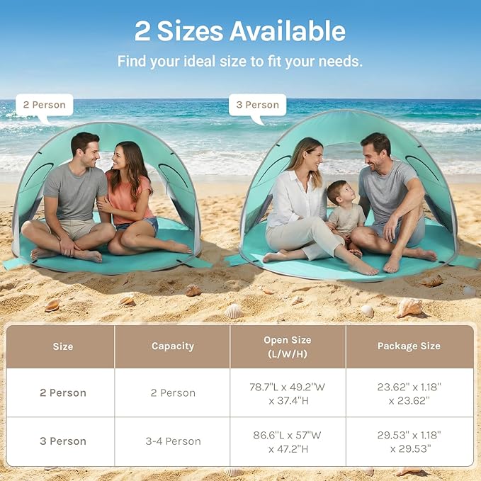 Wolfwise Pop up Beach Tent Sun Shelter with UPF50+ UV Protection Instant Easy Setup Popup Beach Shade Canopy for 2 Person Portable &amp Foldable with Carring Bag 79 ×49×38 in Mint Green