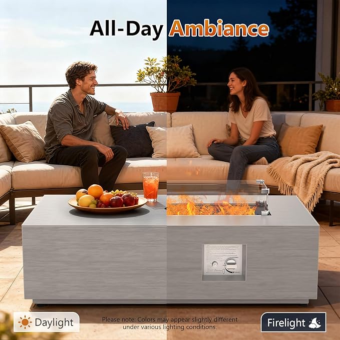 2-Piece 42 Rectangular Propane Fire Pit for Outside Patio with Hidden Tank Table 50000 BTU Fireplaces with Glass Wind Guard Lid Glass Rocks Cover(Light Grey)