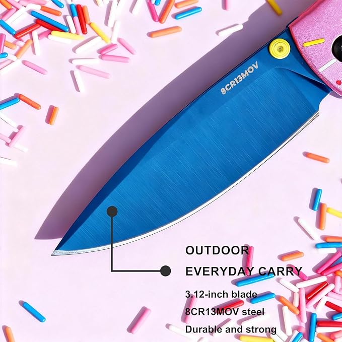 Pink Donut Pocket Knife 3 Blade Pink Pocket Knife with Clip Aluminum Handle for Women Men for EDC Camping