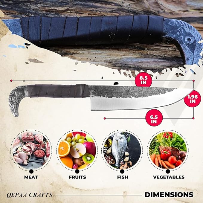 QEPAA CRAFTS® Odin's Raven Norse Viking-styled Knife 10.3 - Hand Forged 6.5 Carbon Steel Blade Raven's Head Hilt and Leather Sheath - Unique Medieval Seax Style - Norse Knife for Hunting &amp Camp