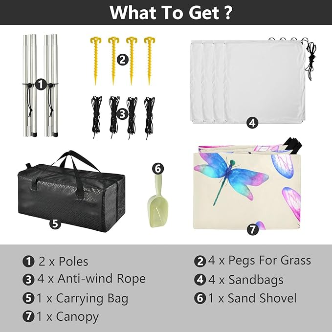 xigua Dragonflies Beach Tent Sun Shelter with Carrying Bag - Silver Coated Oxford Fabric Beach Canopy for Beach Camping Fishing - Includes Windproof Ropes Sandbags &amp Stakes