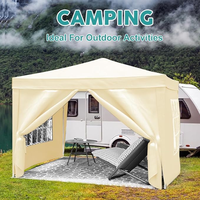 10'x10' Folding Canopy with 4 Removable Sidewalls Outdoor Event Shelter UPF 50+ Gazebo Portable Tents for Parties Beach Camping Wedding EZ Pop Up Canopy Weight Bag + Carry Bag (Beige)