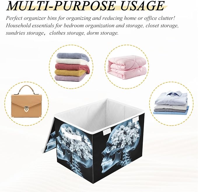 Storage Cube with Lid Skull with Flower Print 16.5×12.6×11.8 IN Collapsible Large Capacity Foldable Storage Basket Bin Organizer
