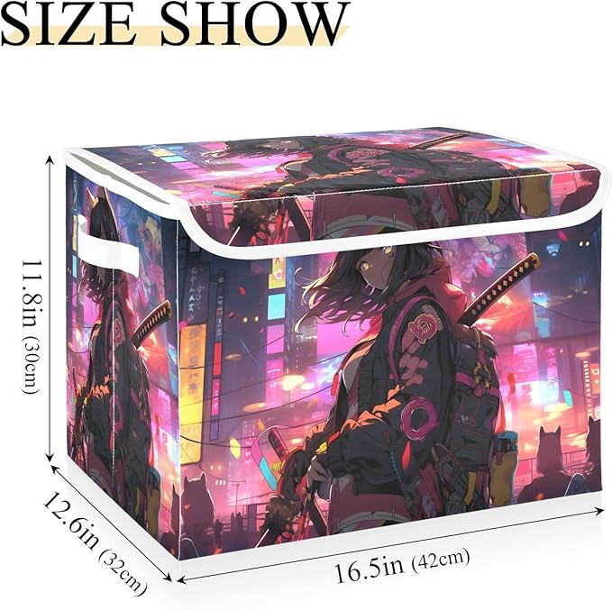 Woman Anime Street Large Storage Bins with Linen Foldable Storage Box Fabric Organizer Bin with Flip-Top Lid for Home Office 16.5 x 12.6 x 11.8 Inch