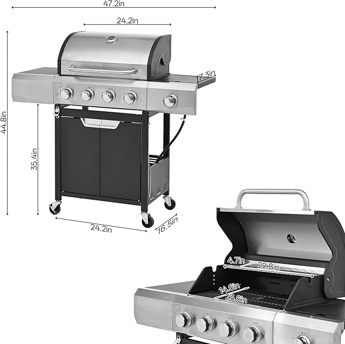 Endark 51000BTU|4-burner propane gas grill | Stainless steel construction | Dual side racks and wheels | Designed for patio garden and backyard cooking