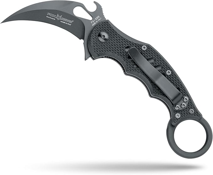Fox Knives FX-599 G10 Black Emerson Wave Folding Karambit Rapid One-Handed Deployment Teflon Coating Black Idroglider Blade Finish Pocket Clip