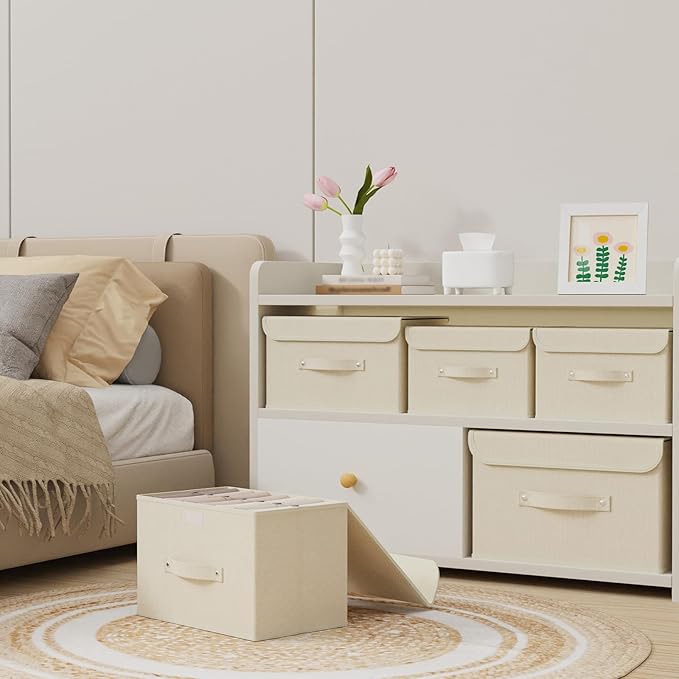 Fabric Storage Bins Cube Organizers with Flip-Top Lid and HandlesStorage Boxes for Organizing HomeOfficeand ClosetBeige3 Pack 15 x 9.8 x 9.8 in