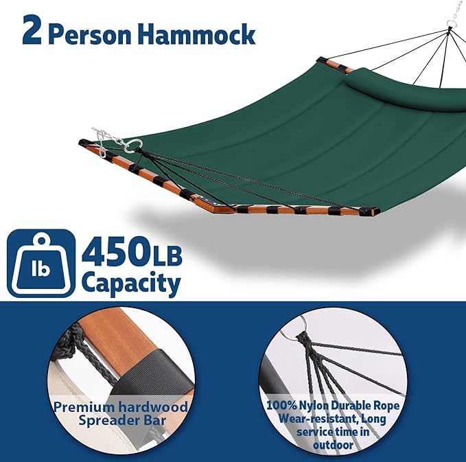 12FT 2 Person Hammock TegerDeger Large Hammock 450LB Capacity with V Shaped Hardwood Spreader Bar &amp Nylon Rope for Outside Patio Garden Backyard Beach Poolside - Dark Green