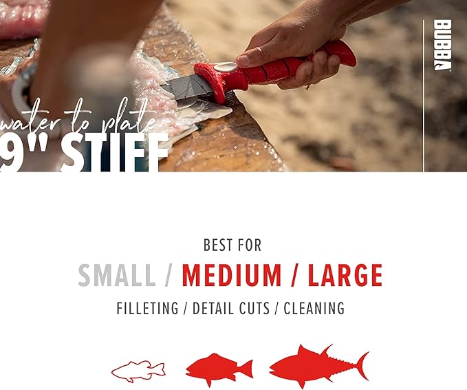 BUBBA 9 Inch Stiff Fillet Knife with Non-Slip Grip Handle Full Tang Beveled Sushi Style Stainless Steel Non-Stick Thick Blade Lanyard Hole and Synthetic Sheath for Fishing Hunting and Cooking