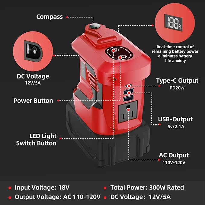 Portable Power Inverter 300WDC 18V to Ac110V-120V Powered Outlet 2 USB Ports 1 Type-C 1 Ac Outlet and Led LightCar Outdoor Camping Dedicated(No Battery-Red)