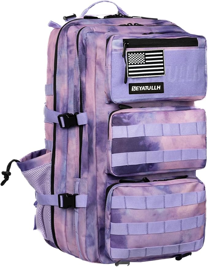 55L Military Tactical Backpack - Bug Out Bag with MOLLE System for Hiking(Cloud Purple Tie Dyeing)
