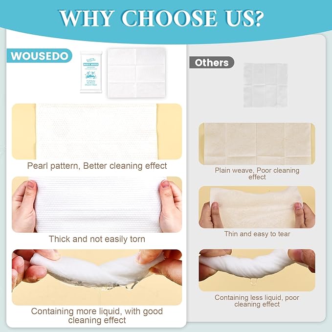 300 Pcs Ultra Thick Soft Large Body Wipes Individually Wrapped(7.87 x 9.45)Shower Wipes for Adults Bathing No RinsePersonal Cleansing Wipes for Travel GymBulk Deodorant for Homeless(White)