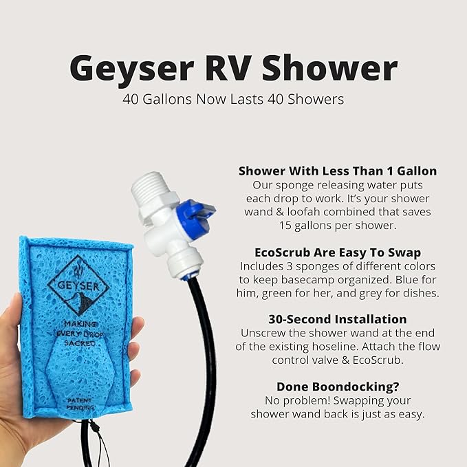 Geyser RV EcoShower - 0.1-0.5 GPM Sponge Replaces Shower Head &amp Wand - Low Flow Water Saving for Camping &amp RVing