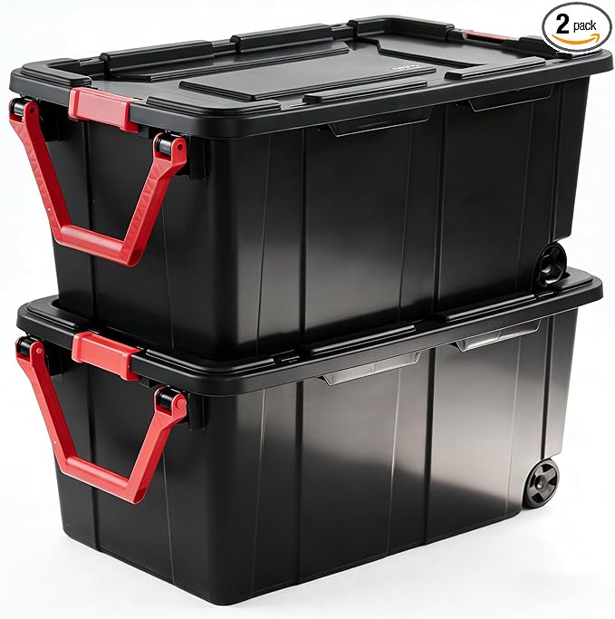 2-Pack 40 Gallon Heavy-Duty Stackable Storage Bins with Secure Lids &amp Smooth-Rolling Wheels – Organizing Containers for Home Garage Office &amp Basement (Black)