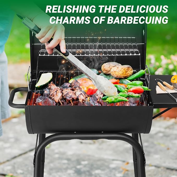 Outvita Barrel Charcoal Grill with Warming Rack Outdoor BBQ Grill with Side Table with Nearly 268 Sq.In. Cooking Grid Area for Backyard Patio Picnic Parties Camping Black