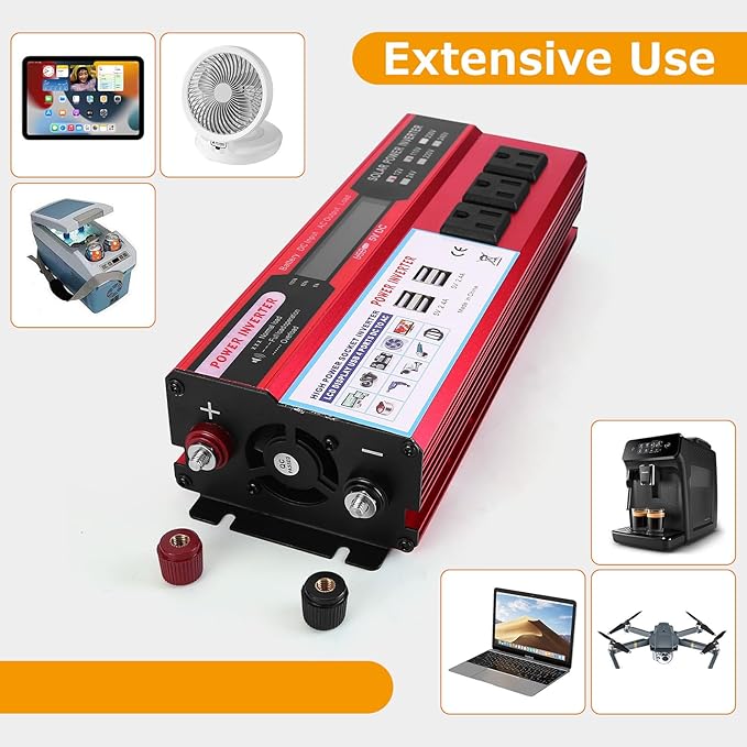 2000 watt Solar Power Inverter Solar Power Inverter 12V DC to 110V-120V AC Converter with 3 AC Outlets 2 USB Charging Port LCD Display for Off-Grid Solar Power System RV Truck Home