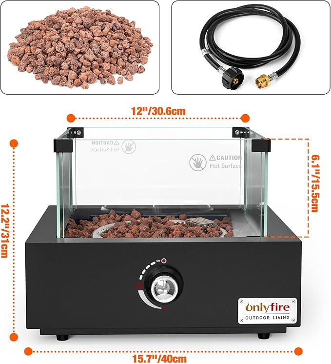 ONLYFIRE OUTDOOR LIVING 15.7 Portable Propane Gas Fire Pit Side-Mounted Modern Tabletop Fireplace Smokeless Firepit with Glass Wind Guard for Patio Camping RV Tailgating 23000BTU Squre FP040